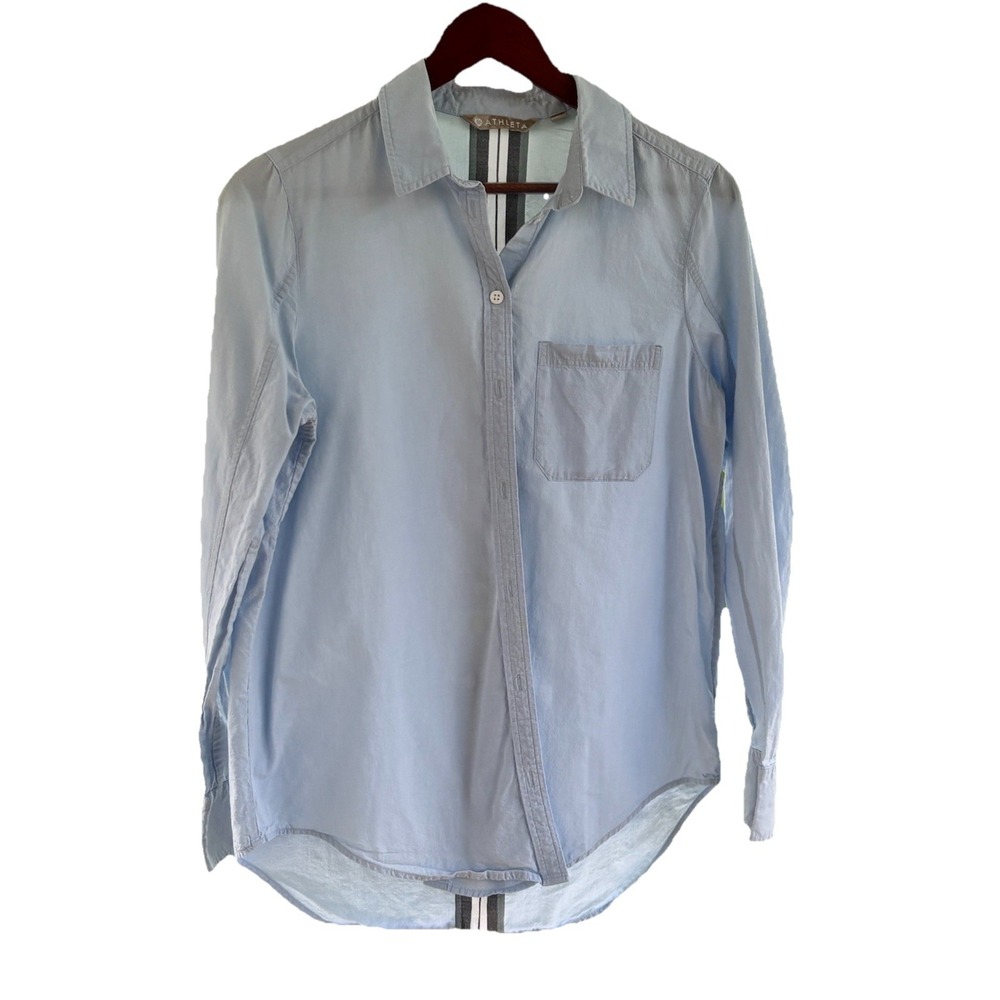 Athleta Marinwood  Button Down Shirt Blue Cotton Blend Striped Back Women's